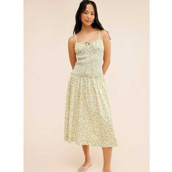 Free People Dresses & Skirts - Free People $128 Lavender Daze Floral Smocked Drop Waist Midi Dress Size Large